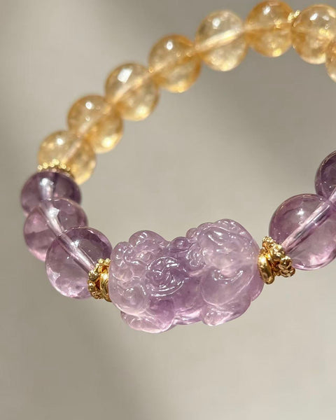 Crystal Paradise Golden Tower Citrine, Amethyst & Pixiu Bracelet – Handmade Prosperity Crystal Bracelet 💛💜🐉