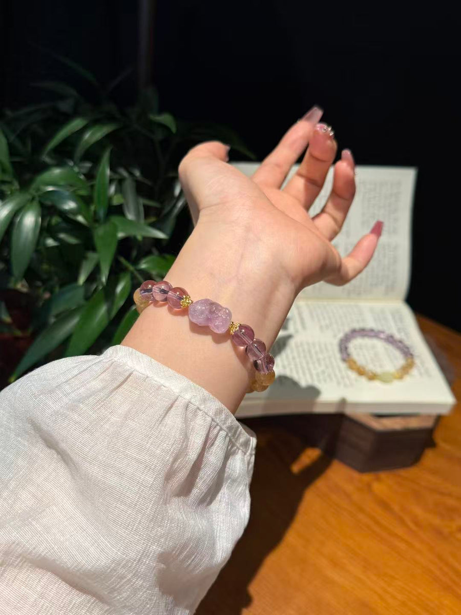 Crystal Paradise Golden Tower Citrine, Amethyst & Pixiu Bracelet – Handmade Prosperity Crystal Bracelet 💛💜🐉