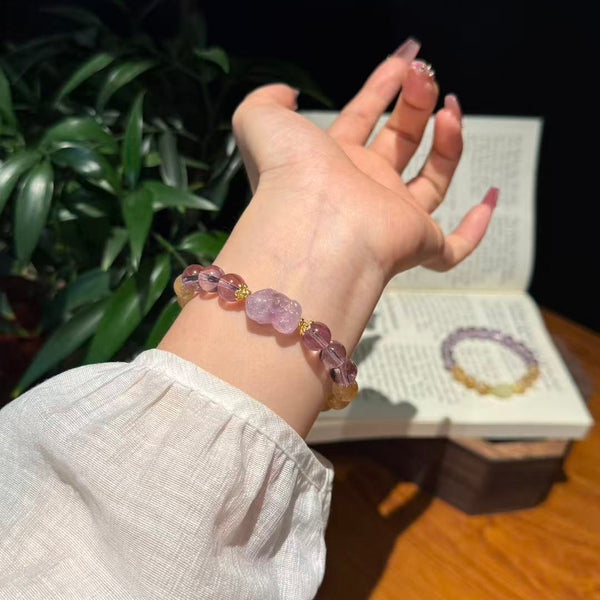 Crystal Paradise Golden Tower Citrine, Amethyst & Pixiu Bracelet – Handmade Prosperity Crystal Bracelet 💛💜🐉