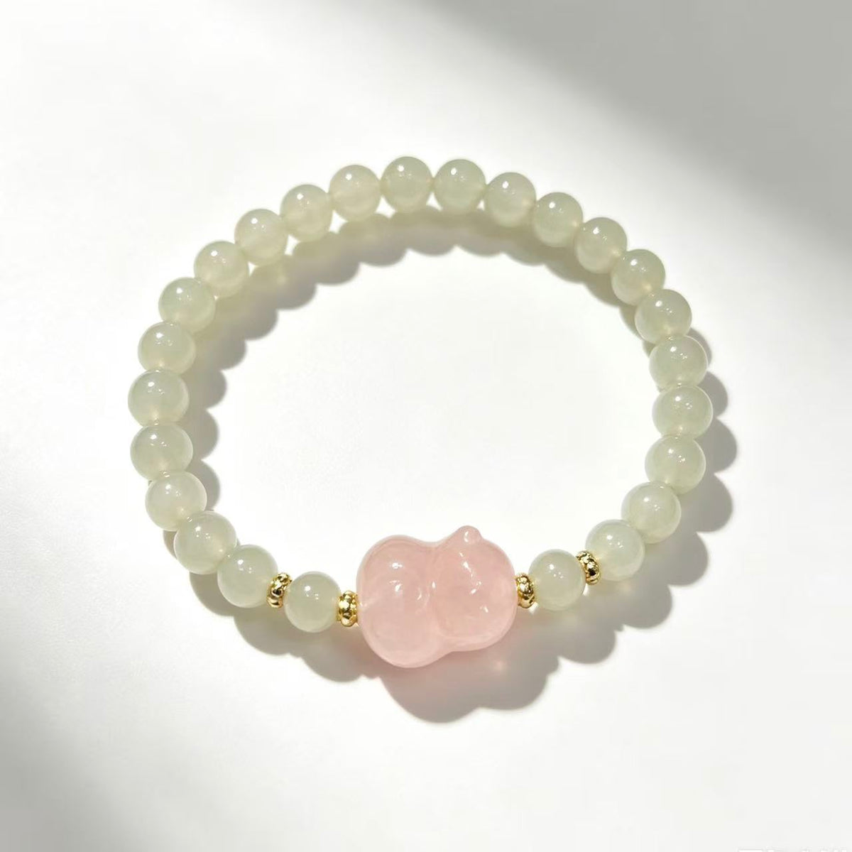 Crystal Paradise Romantic Pink & Green Cat Bracelet – Handmade Hetian Jade & Rose Quartz Kitty Crystal Bracelet 🌸🍃🐱