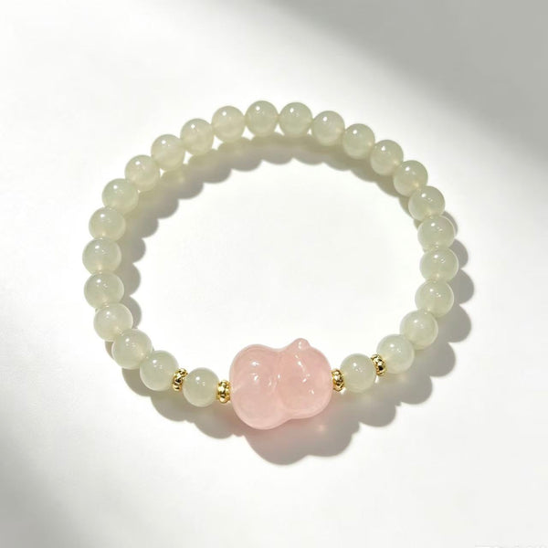Crystal Paradise Romantic Pink & Green Cat Bracelet – Handmade Hetian Jade & Rose Quartz Kitty Crystal Bracelet 🌸🍃🐱