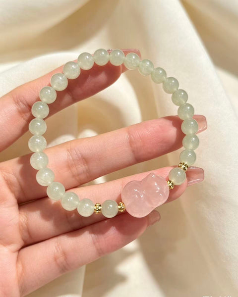 Crystal Paradise Romantic Pink & Green Cat Bracelet – Handmade Hetian Jade & Rose Quartz Kitty Crystal Bracelet 🌸🍃🐱