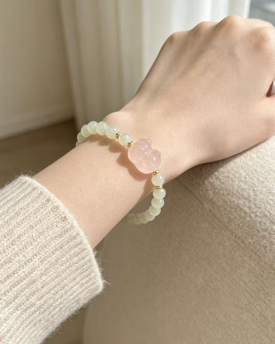 Crystal Paradise Romantic Pink & Green Cat Bracelet – Handmade Hetian Jade & Rose Quartz Kitty Crystal Bracelet 🌸🍃🐱