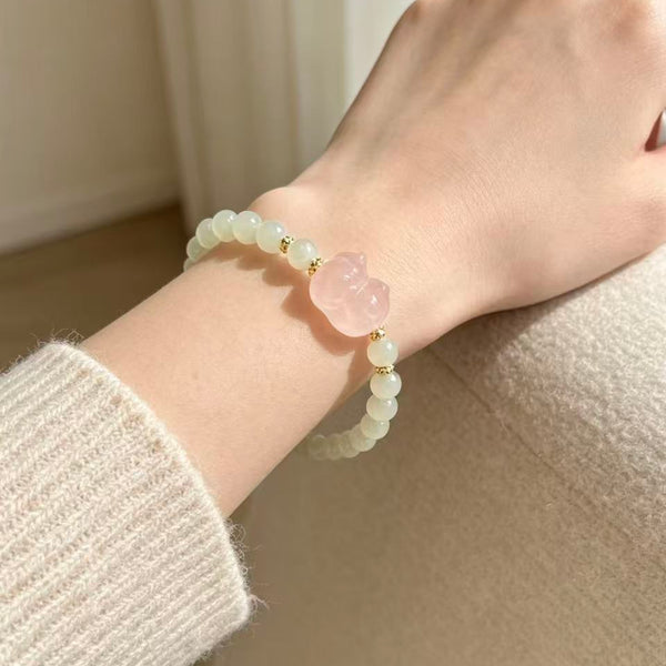 Crystal Paradise Romantic Pink & Green Cat Bracelet – Handmade Hetian Jade & Rose Quartz Kitty Crystal Bracelet 🌸🍃🐱