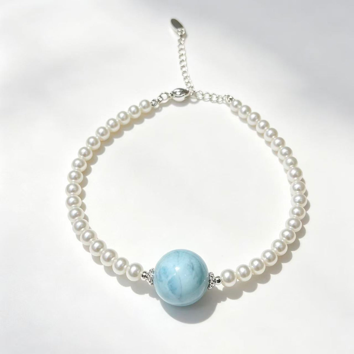 Crystal Paradise Pearl &amp; Larimar Bracelet – Handmade Elegant Ocean Gemstone Bracelet 🤍🌊
