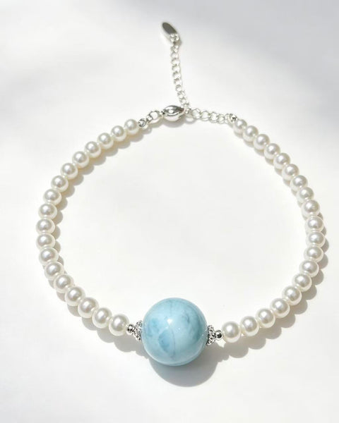 Crystal Paradise Pearl &amp; Larimar Bracelet – Handmade Elegant Ocean Gemstone Bracelet 🤍🌊