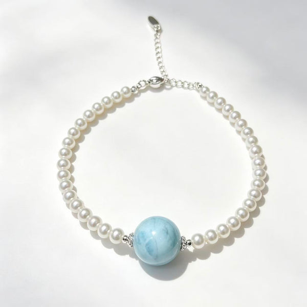 Crystal Paradise Pearl &amp; Larimar Bracelet – Handmade Elegant Ocean Gemstone Bracelet 🤍🌊