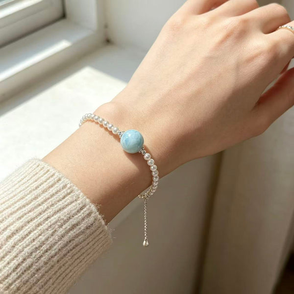 Crystal Paradise Pearl &amp; Larimar Bracelet – Handmade Elegant Ocean Gemstone Bracelet 🤍🌊