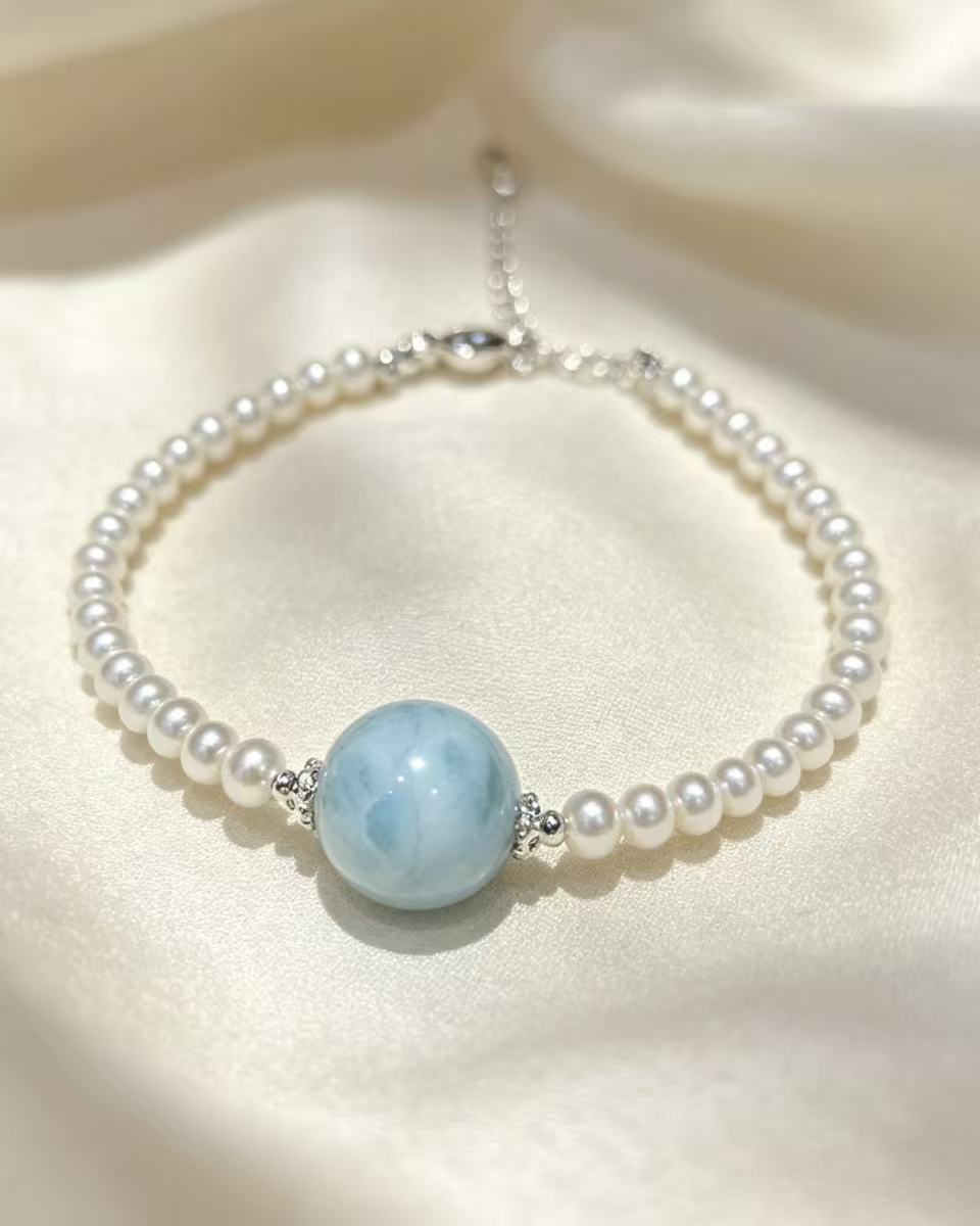 Crystal Paradise Pearl &amp; Larimar Bracelet – Handmade Elegant Ocean Gemstone Bracelet 🤍🌊