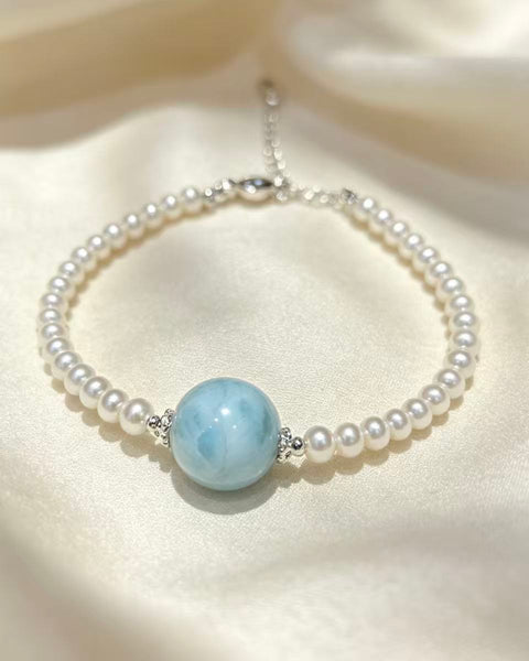 Crystal Paradise Pearl &amp; Larimar Bracelet – Handmade Elegant Ocean Gemstone Bracelet 🤍🌊