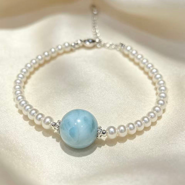Crystal Paradise Pearl &amp; Larimar Bracelet – Handmade Elegant Ocean Gemstone Bracelet 🤍🌊