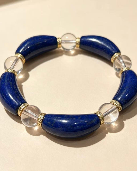 Crystal Paradise Lapis Lazuli & Clear Quartz Floral Bracelet – Handmade Lucky Wealth Crystal Bracelet 💙🌸