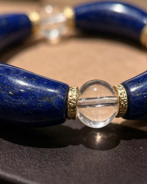 Crystal Paradise Lapis Lazuli & Clear Quartz Floral Bracelet – Handmade Lucky Wealth Crystal Bracelet 💙🌸