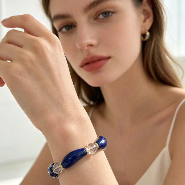 Crystal Paradise Lapis Lazuli & Clear Quartz Floral Bracelet – Handmade Lucky Wealth Crystal Bracelet 💙🌸