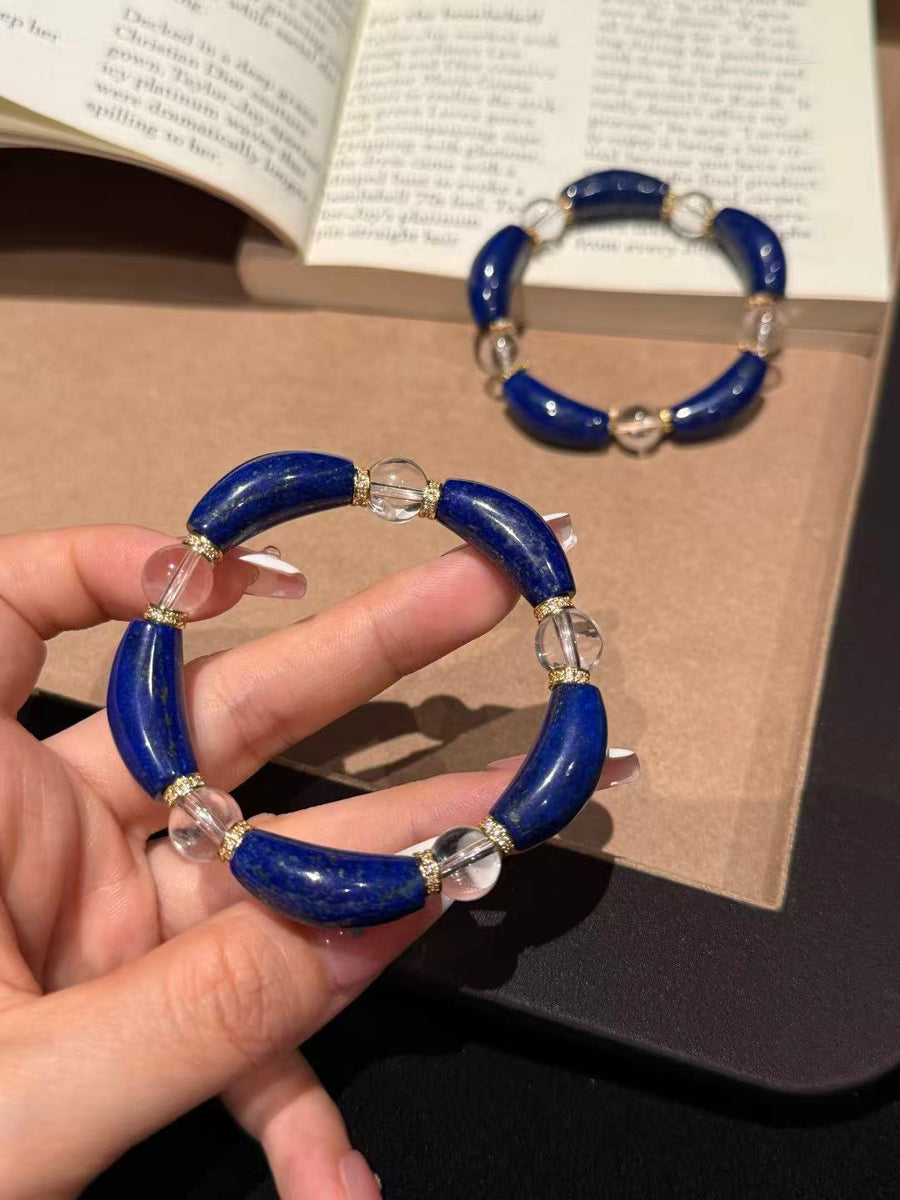 Crystal Paradise Lapis Lazuli & Clear Quartz Floral Bracelet – Handmade Lucky Wealth Crystal Bracelet 💙🌸