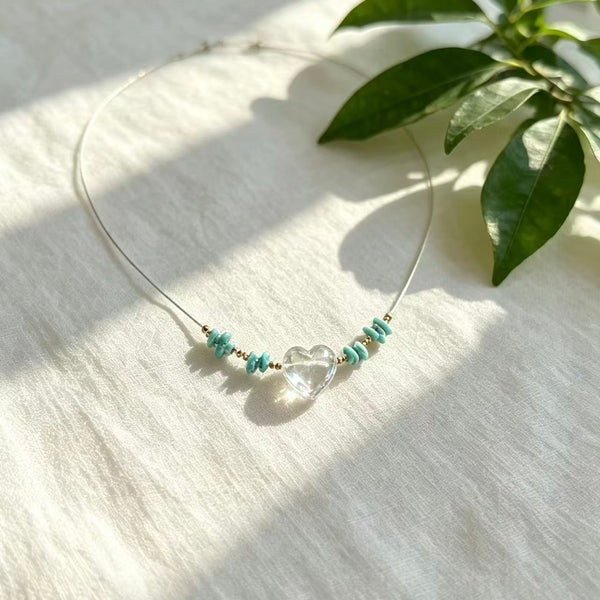 Crystal Paradise Ocean Breeze Turquoise Necklace – Handmade Natural Turquoise & Clear Quartz Heart Pendant 💙