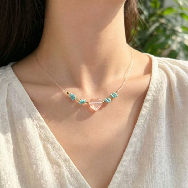 Crystal Paradise Ocean Breeze Turquoise Necklace – Handmade Natural Turquoise & Clear Quartz Heart Pendant 💙