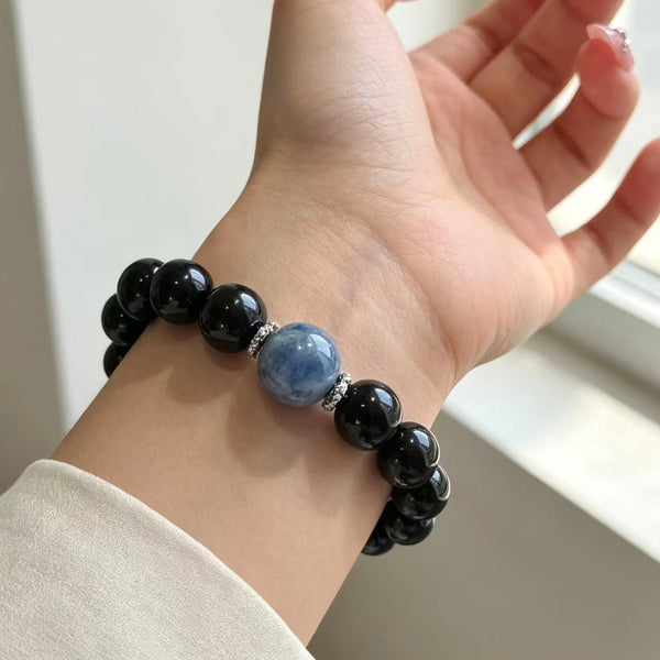 Crystal Paradise Midnight Guardian Bracelet – Handmade Kyanite & Black Obsidian Energy Bracelet 💙🖤
