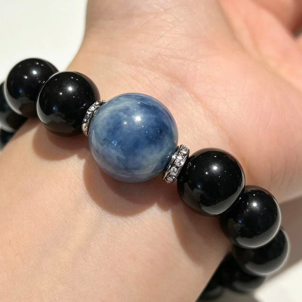 Crystal Paradise Midnight Guardian Bracelet – Handmade Kyanite & Black Obsidian Energy Bracelet 💙🖤