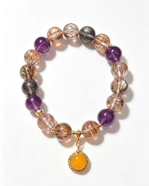 Crystal Paradise Supreme Super Seven Bracelet – Handmade Super Seven Quartz & Natural Amber Harmony Pendant Bracelet ✨💜