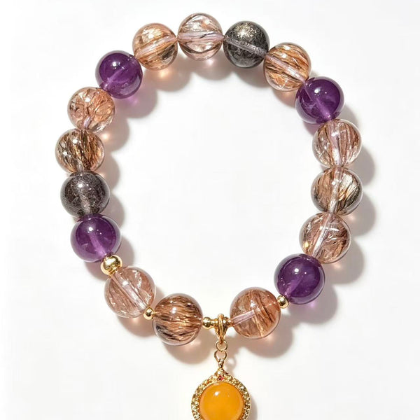 Crystal Paradise Supreme Super Seven Bracelet – Handmade Super Seven Quartz & Natural Amber Harmony Pendant Bracelet ✨💜