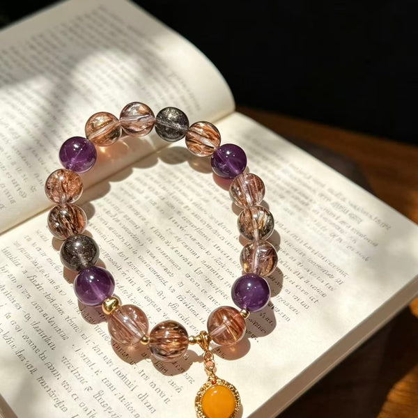 Crystal Paradise Supreme Super Seven Bracelet – Handmade Super Seven Quartz & Natural Amber Harmony Pendant Bracelet ✨💜