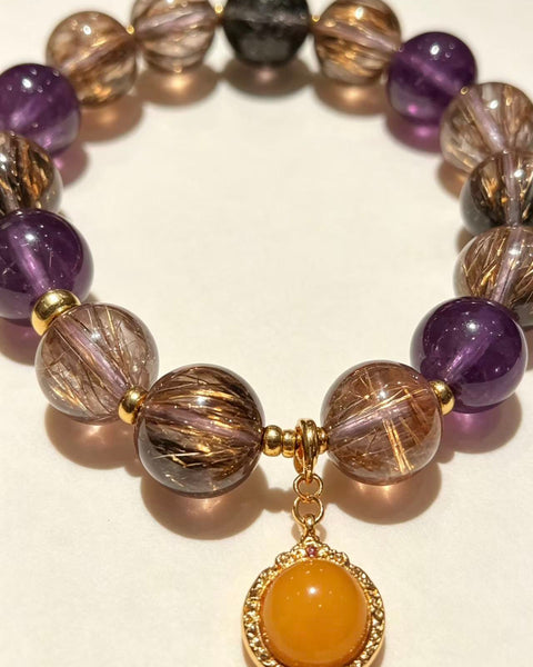 Crystal Paradise Supreme Super Seven Bracelet – Handmade Super Seven Quartz & Natural Amber Harmony Pendant Bracelet ✨💜