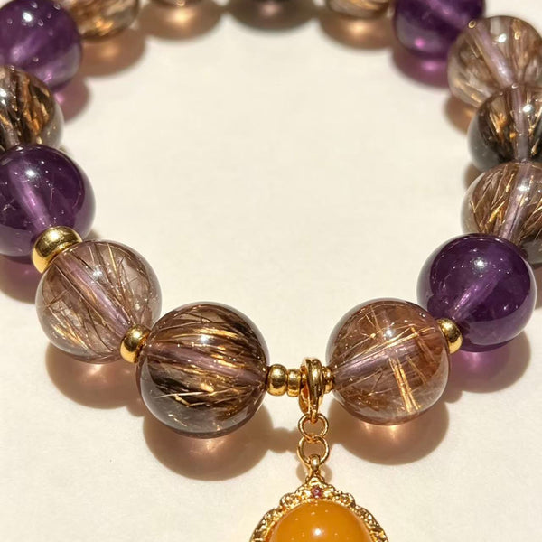 Crystal Paradise Supreme Super Seven Bracelet – Handmade Super Seven Quartz & Natural Amber Harmony Pendant Bracelet ✨💜