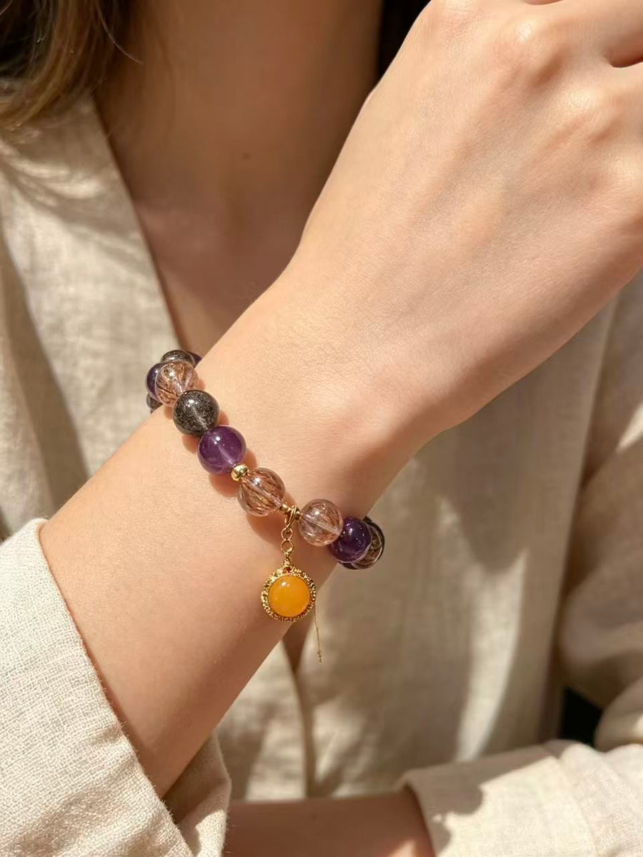 Crystal Paradise Supreme Super Seven Bracelet – Handmade Super Seven Quartz & Natural Amber Harmony Pendant Bracelet ✨💜