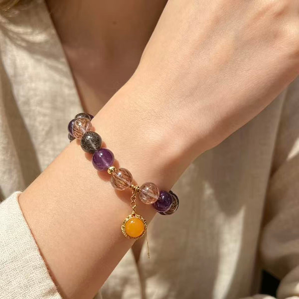 Crystal Paradise Supreme Super Seven Bracelet – Handmade Super Seven Quartz & Natural Amber Harmony Pendant Bracelet ✨💜