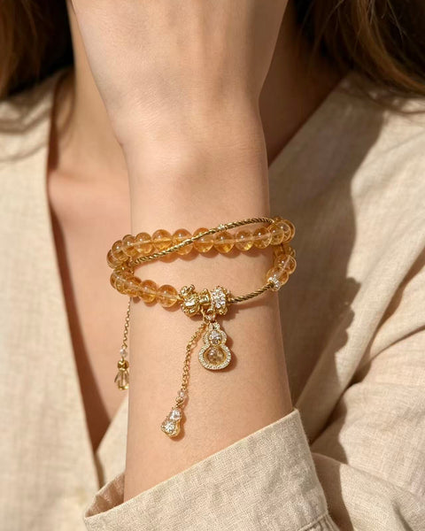 Crystal Paradise Golden Fortune Double-Layer Bracelet – Handmade Citrine Tower Crystal & Golden Rutilated Quartz Lucky Gourd Bracelet 💛