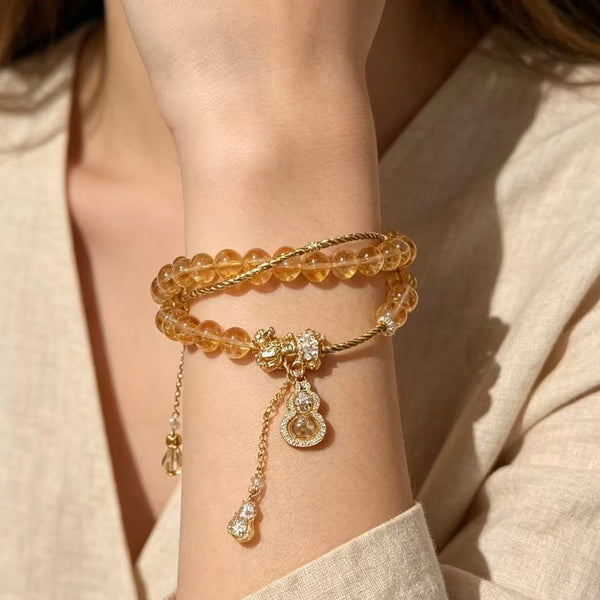 Crystal Paradise Golden Fortune Double-Layer Bracelet – Handmade Citrine Tower Crystal & Golden Rutilated Quartz Lucky Gourd Bracelet 💛