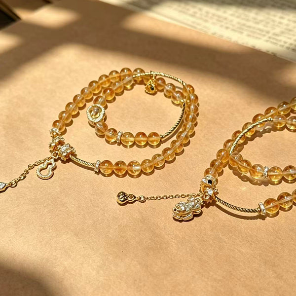 Crystal Paradise Golden Fortune Double-Layer Bracelet – Handmade Citrine Tower Crystal & Golden Rutilated Quartz Lucky Gourd Bracelet 💛
