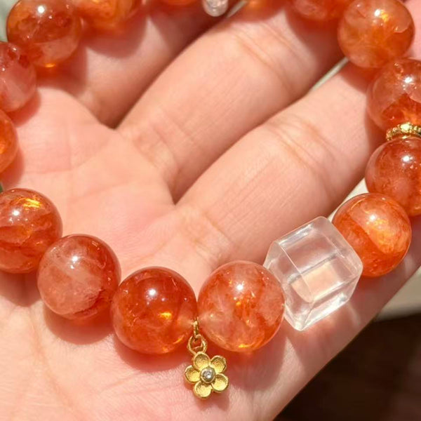 Crystal Paradise Lucky Koi Red Garden Quartz Bracelet – Handmade Red Garden Quartz & Clear Quartz Cube Bracelet ❤️💰