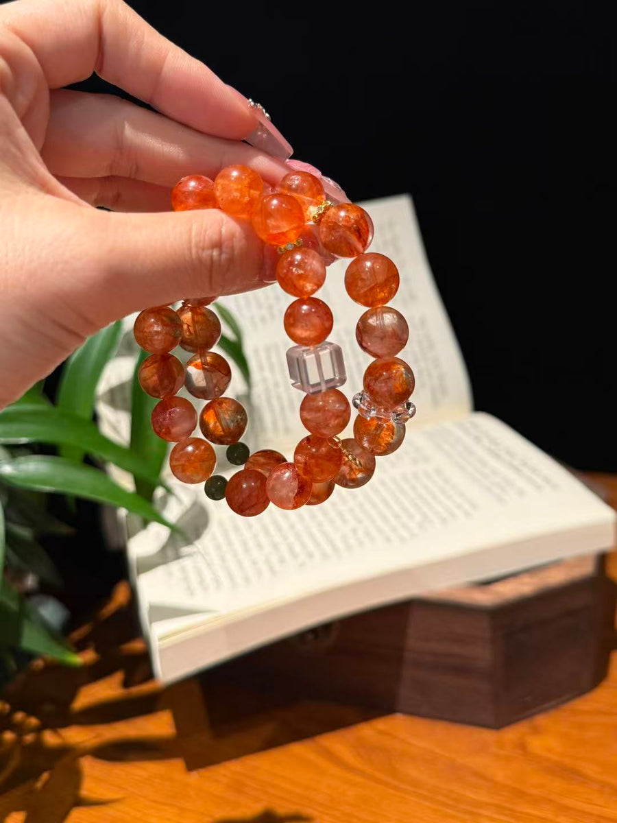 Crystal Paradise Lucky Koi Red Garden Quartz Bracelet – Handmade Red Garden Quartz & Clear Quartz Cube Bracelet ❤️💰