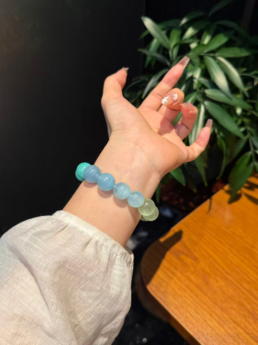 Crystal Paradise Verdant Mist Gradient Bracelet – Handmade Green Fluorite, Amazonite & Aquamarine Crystal Bracelet 💚💙