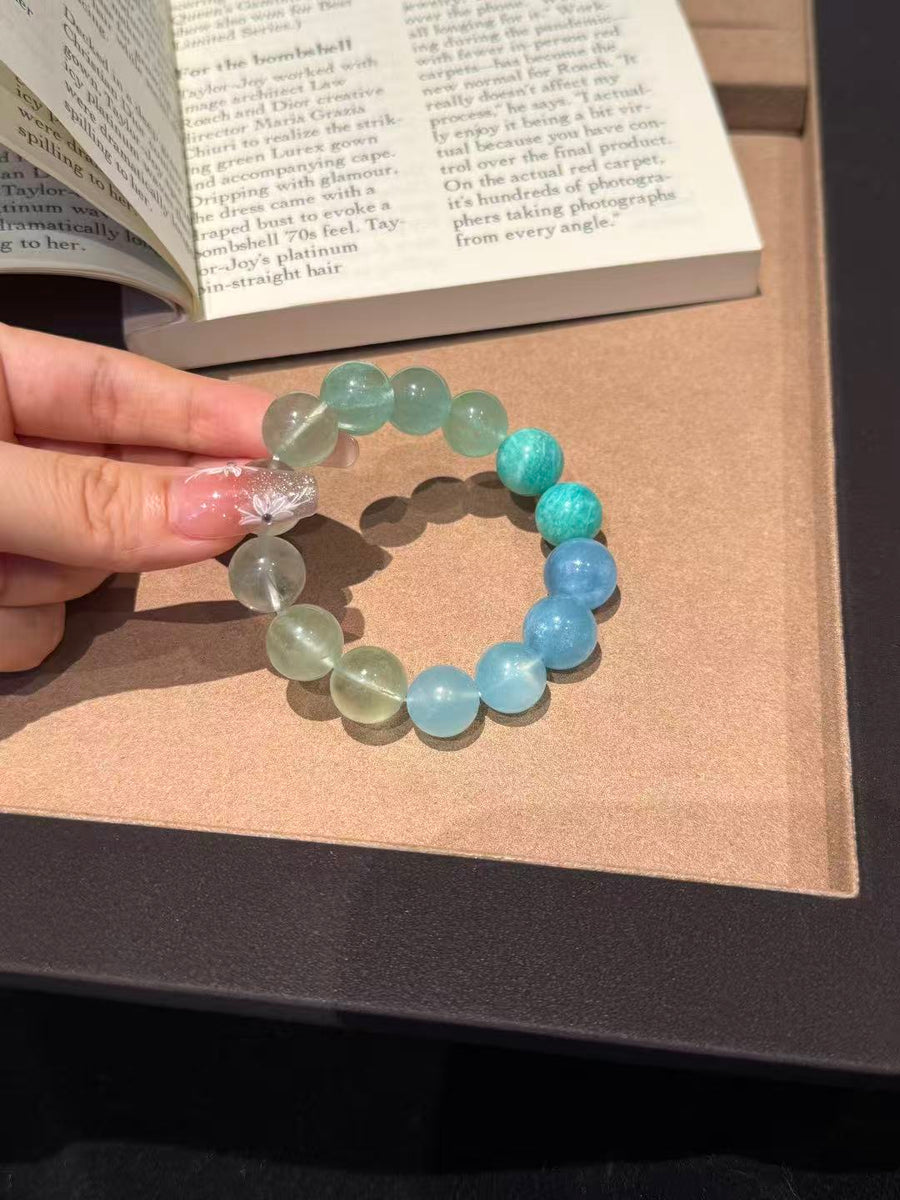 Crystal Paradise Verdant Mist Gradient Bracelet – Handmade Green Fluorite, Amazonite & Aquamarine Crystal Bracelet 💚💙