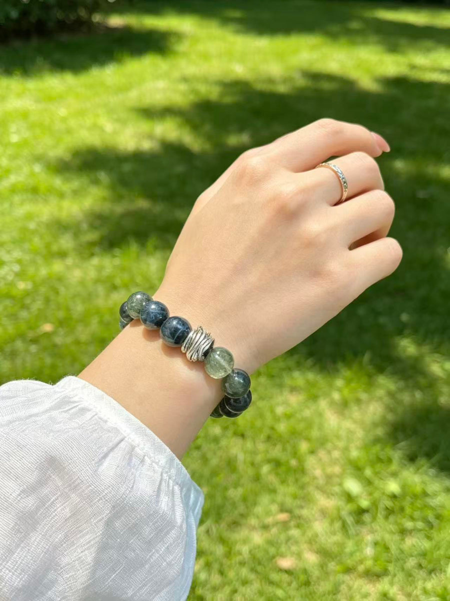 Crystal Paradise Forest Crystal Energy Array Bracelet – Handmade Green Phantom, Green Rutilated Quartz, Blue Tiger Eye & Obsidian Bracelet 🌌