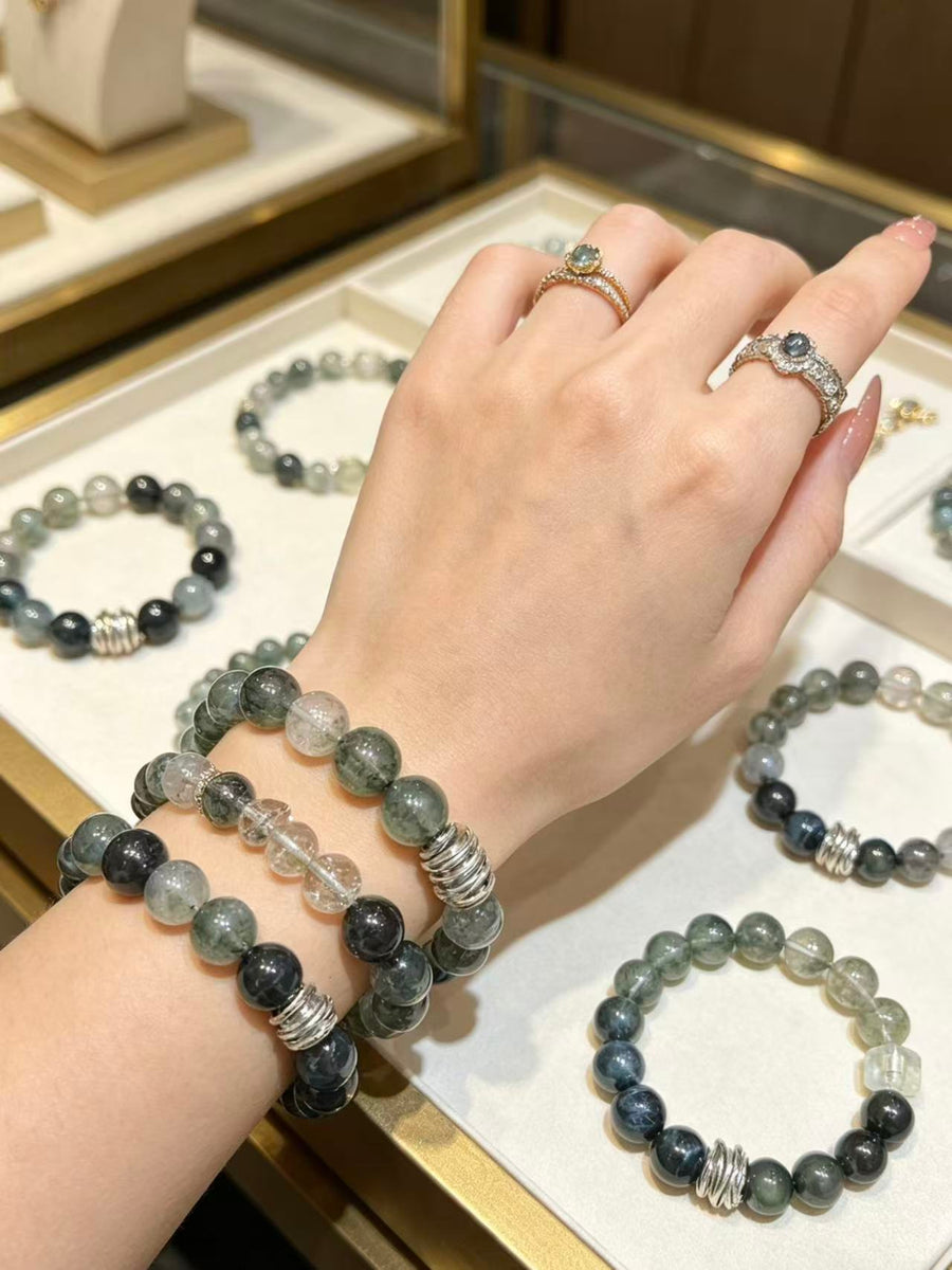 Crystal Paradise Forest Crystal Energy Array Bracelet – Handmade Green Phantom, Green Rutilated Quartz, Blue Tiger Eye & Obsidian Bracelet 🌌