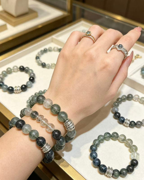 Crystal Paradise Forest Crystal Energy Array Bracelet – Handmade Green Phantom, Green Rutilated Quartz, Blue Tiger Eye & Obsidian Bracelet 🌌