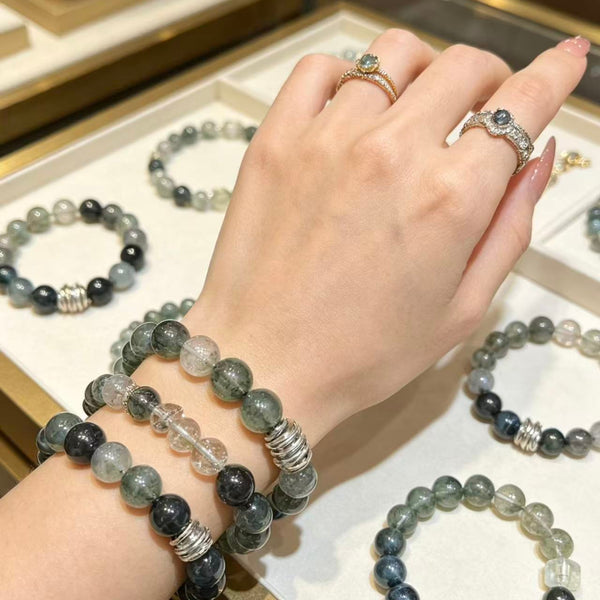 Crystal Paradise Forest Crystal Energy Array Bracelet – Handmade Green Phantom, Green Rutilated Quartz, Blue Tiger Eye & Obsidian Bracelet 🌌