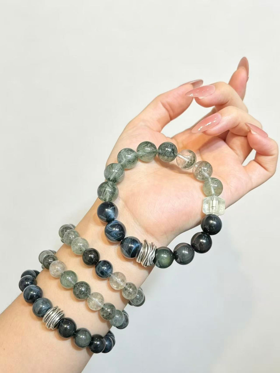 Crystal Paradise Forest Crystal Energy Array Bracelet – Handmade Green Phantom, Green Rutilated Quartz, Blue Tiger Eye & Obsidian Bracelet 🌌