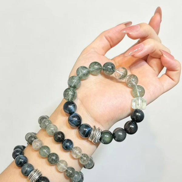 Crystal Paradise Forest Crystal Energy Array Bracelet – Handmade Green Phantom, Green Rutilated Quartz, Blue Tiger Eye & Obsidian Bracelet 🌌