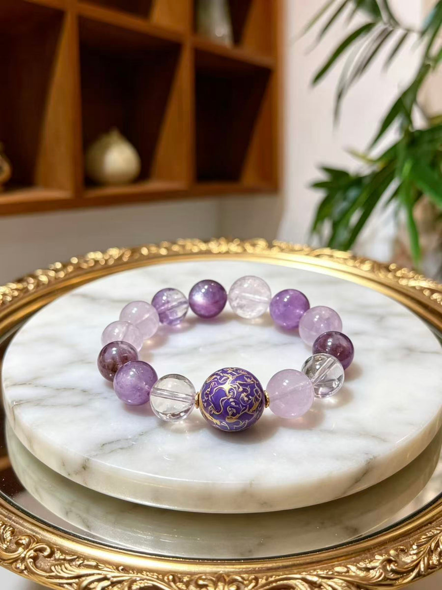 Crystal Paradise Purple Lacquer Harmony Bracelet – Handmade Lavender Amethyst, Himalayan Clear Quartz, Amethyst & Rose Quartz Bracelet 💜