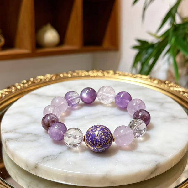 Crystal Paradise Purple Lacquer Harmony Bracelet – Handmade Lavender Amethyst, Himalayan Clear Quartz, Amethyst & Rose Quartz Bracelet 💜