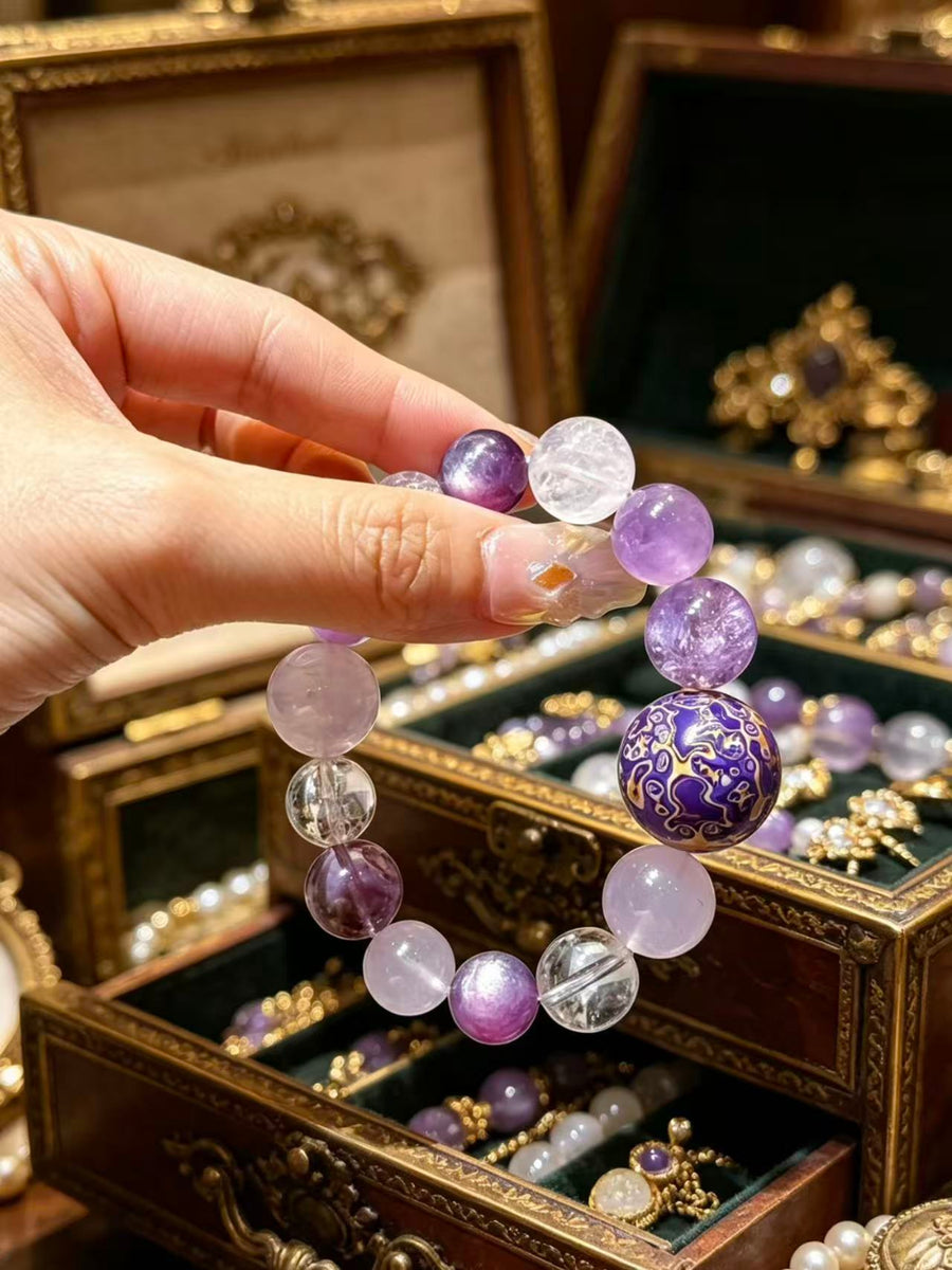 Crystal Paradise Purple Lacquer Harmony Bracelet – Handmade Lavender Amethyst, Himalayan Clear Quartz, Amethyst & Rose Quartz Bracelet 💜