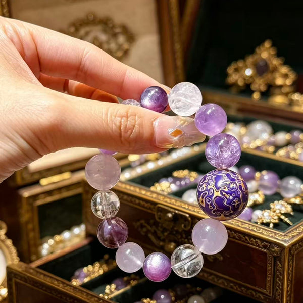Crystal Paradise Purple Lacquer Harmony Bracelet – Handmade Lavender Amethyst, Himalayan Clear Quartz, Amethyst & Rose Quartz Bracelet 💜