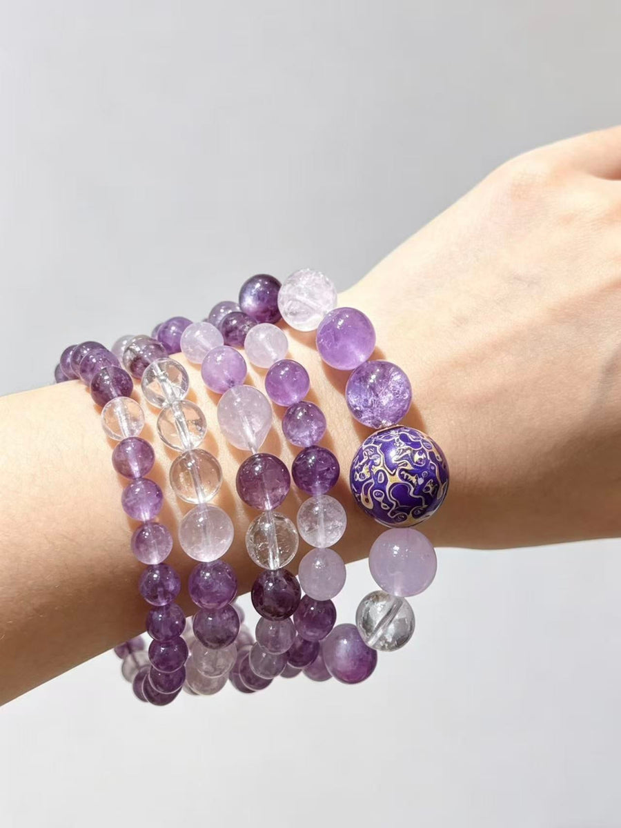 Crystal Paradise Purple Lacquer Harmony Bracelet – Handmade Lavender Amethyst, Himalayan Clear Quartz, Amethyst & Rose Quartz Bracelet 💜