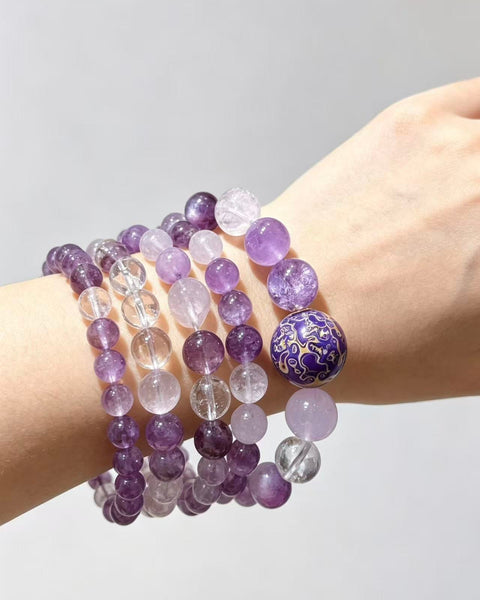 Crystal Paradise Purple Lacquer Harmony Bracelet – Handmade Lavender Amethyst, Himalayan Clear Quartz, Amethyst & Rose Quartz Bracelet 💜