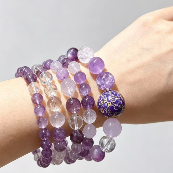 Crystal Paradise Purple Lacquer Harmony Bracelet – Handmade Lavender Amethyst, Himalayan Clear Quartz, Amethyst & Rose Quartz Bracelet 💜